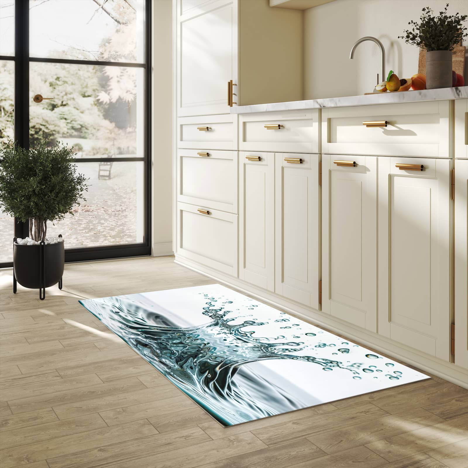 Rutschfester Küchenteppich mit Motiv Wassertropfen Splash in heller Küche