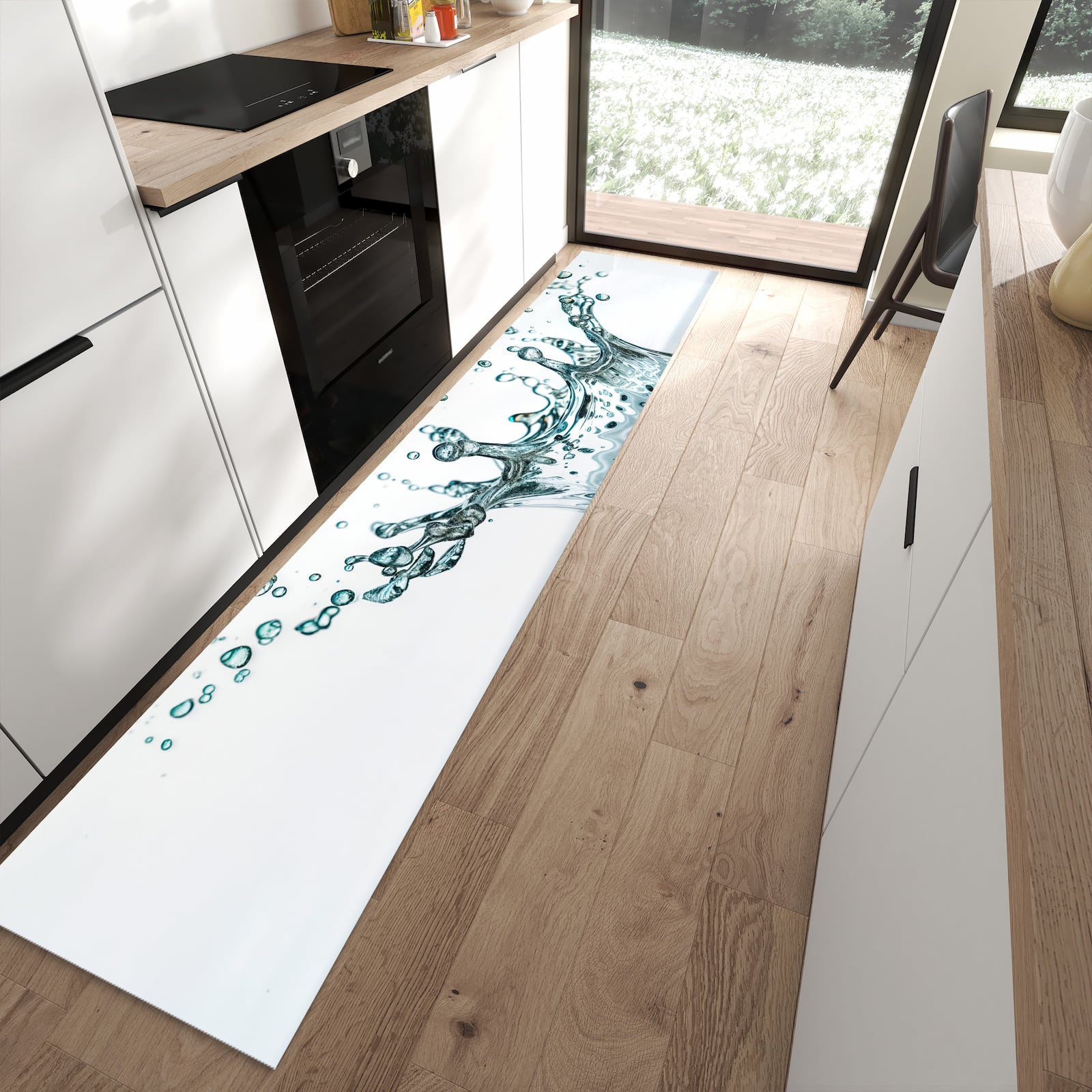 Langlebiger Küchenteppich mit Motiv Wassertropfen Splash in moderner Küche