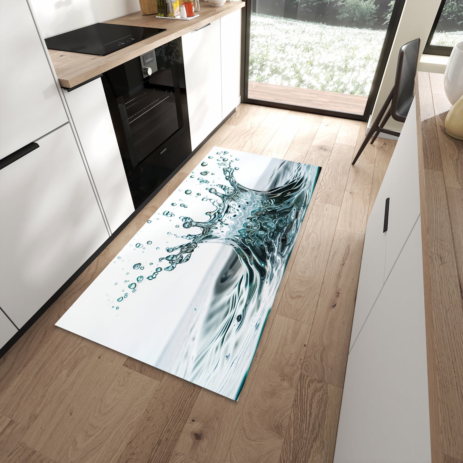 Küchenteppich mit Motiv Wassertropfen Splash für angenehme Haptik in moderner Küche