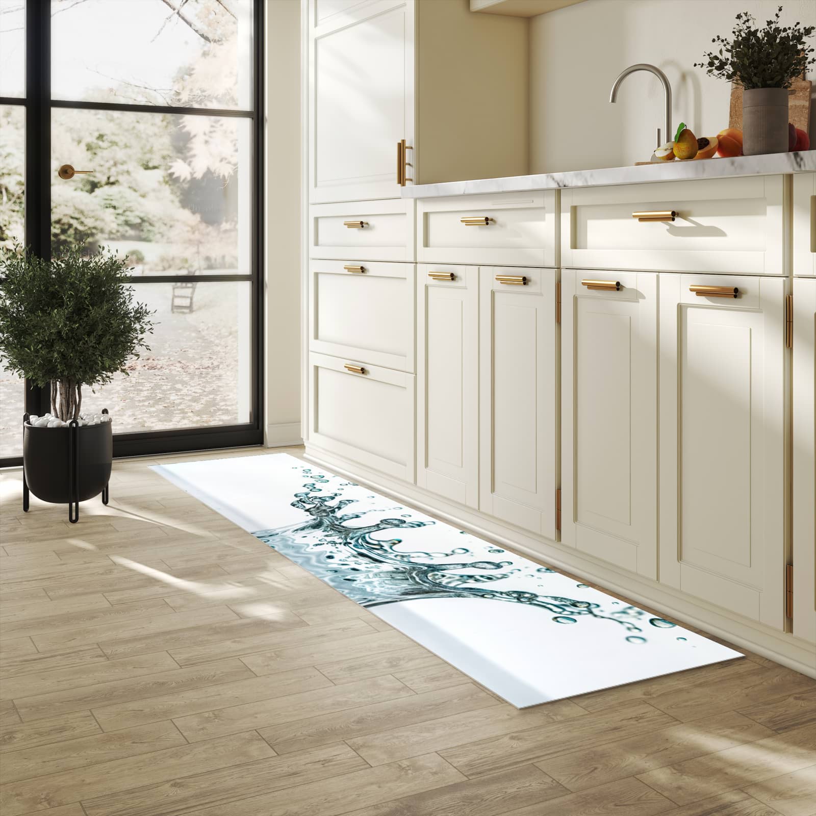 Rutschfester Küchenläufer mit Motiv Wassertropfen Splash in heller Küche zum Waschen