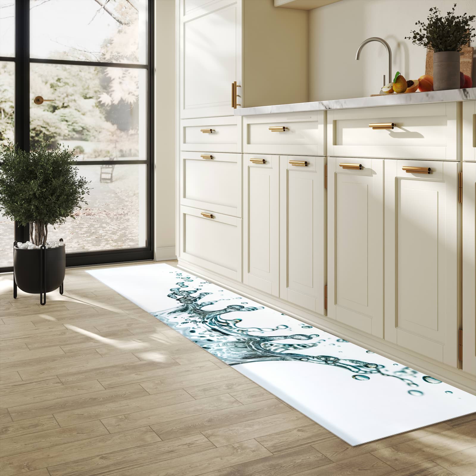 Pflegeleichter moderner Küchenläufer mit Motiv Wassertropfen Splash in heller Küche