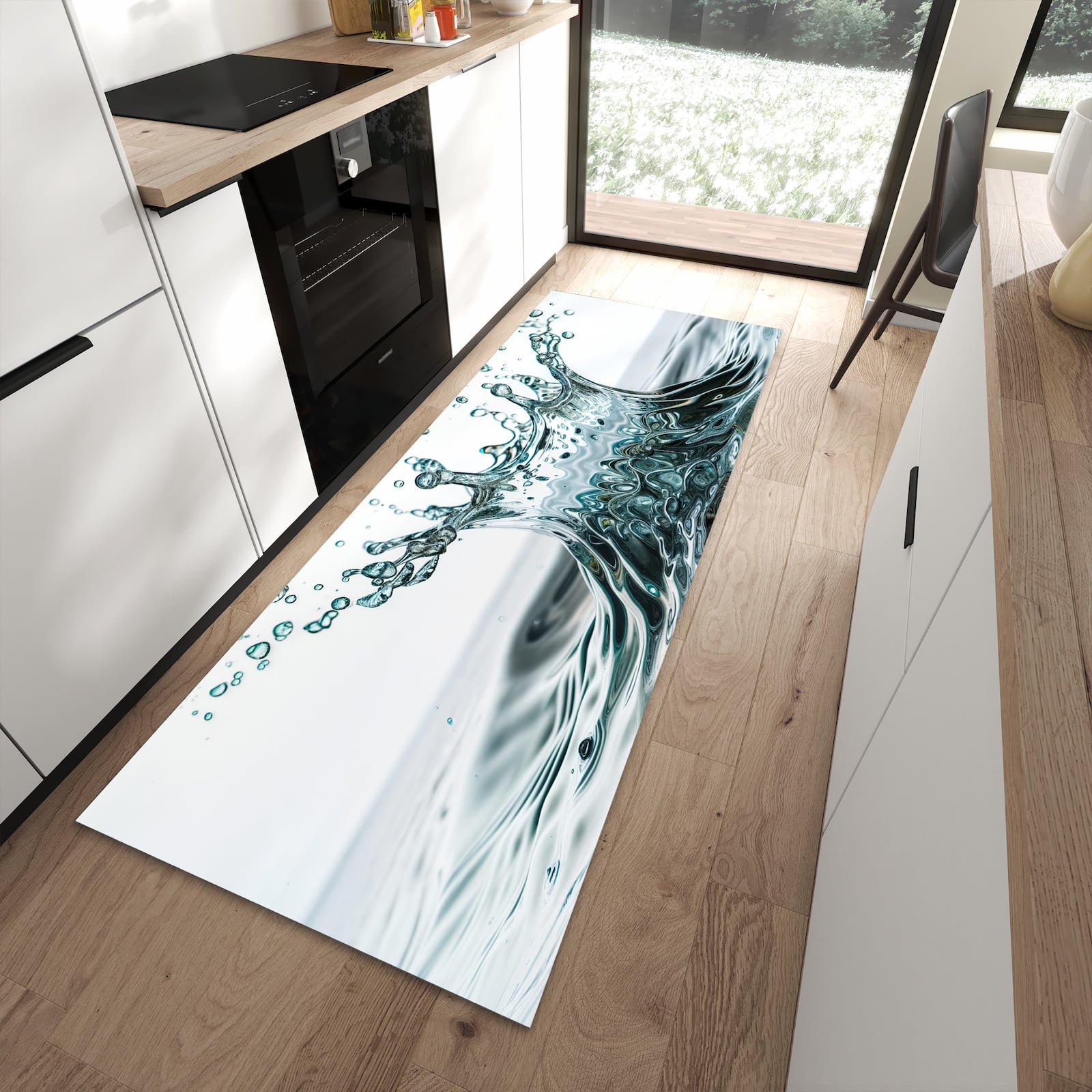 Hygienischer Küchenteppich mit Motiv Wassertropfen Splash in moderner Küche