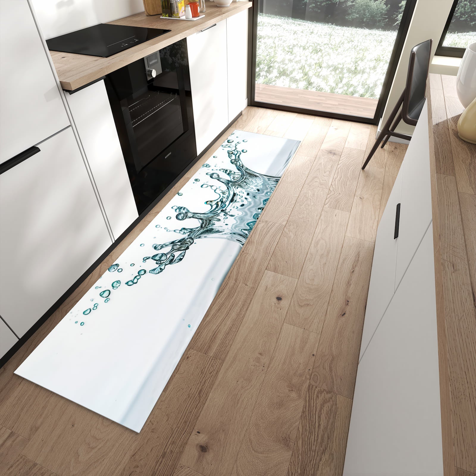 Schmutzabweisender Küchenteppich mit Motiv Wassertropfen Splash in moderner Küche