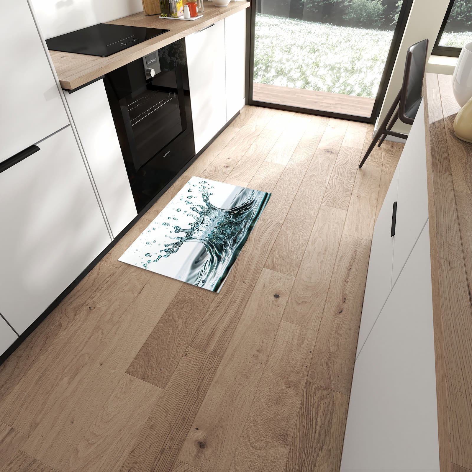Flacher Küchenteppich mit Motiv Wassertropfen Splash in moderner Küche