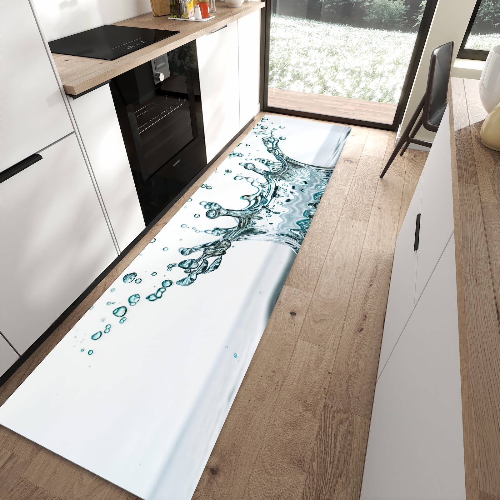 Pflegeleichter Küchenläufer mit Motiv Wassertropfen Splash in moderner Küche