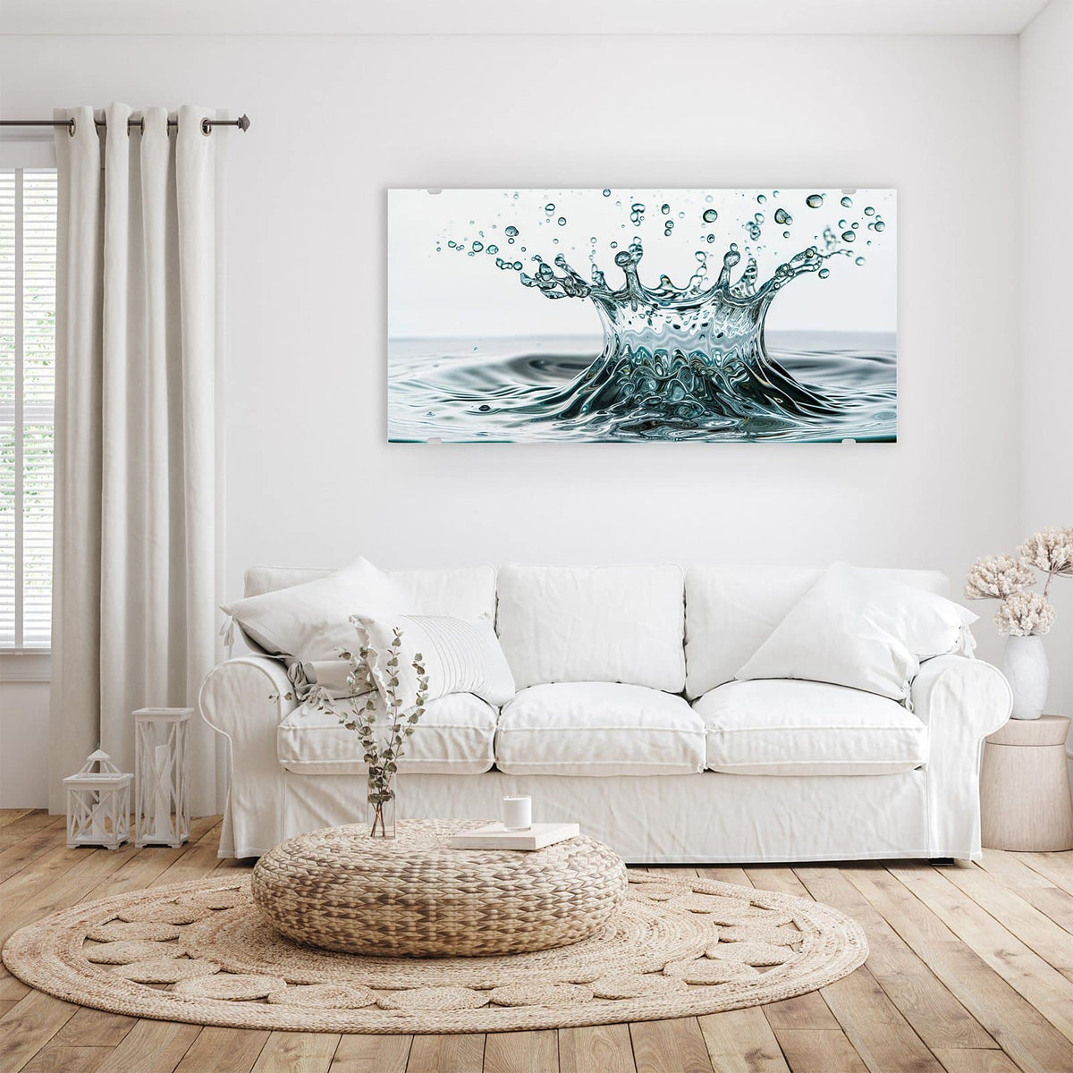 Wandbild - Spritzende Wasserkrone - Querformat – Kristallklarer Wasserspritzer in Aquamarin