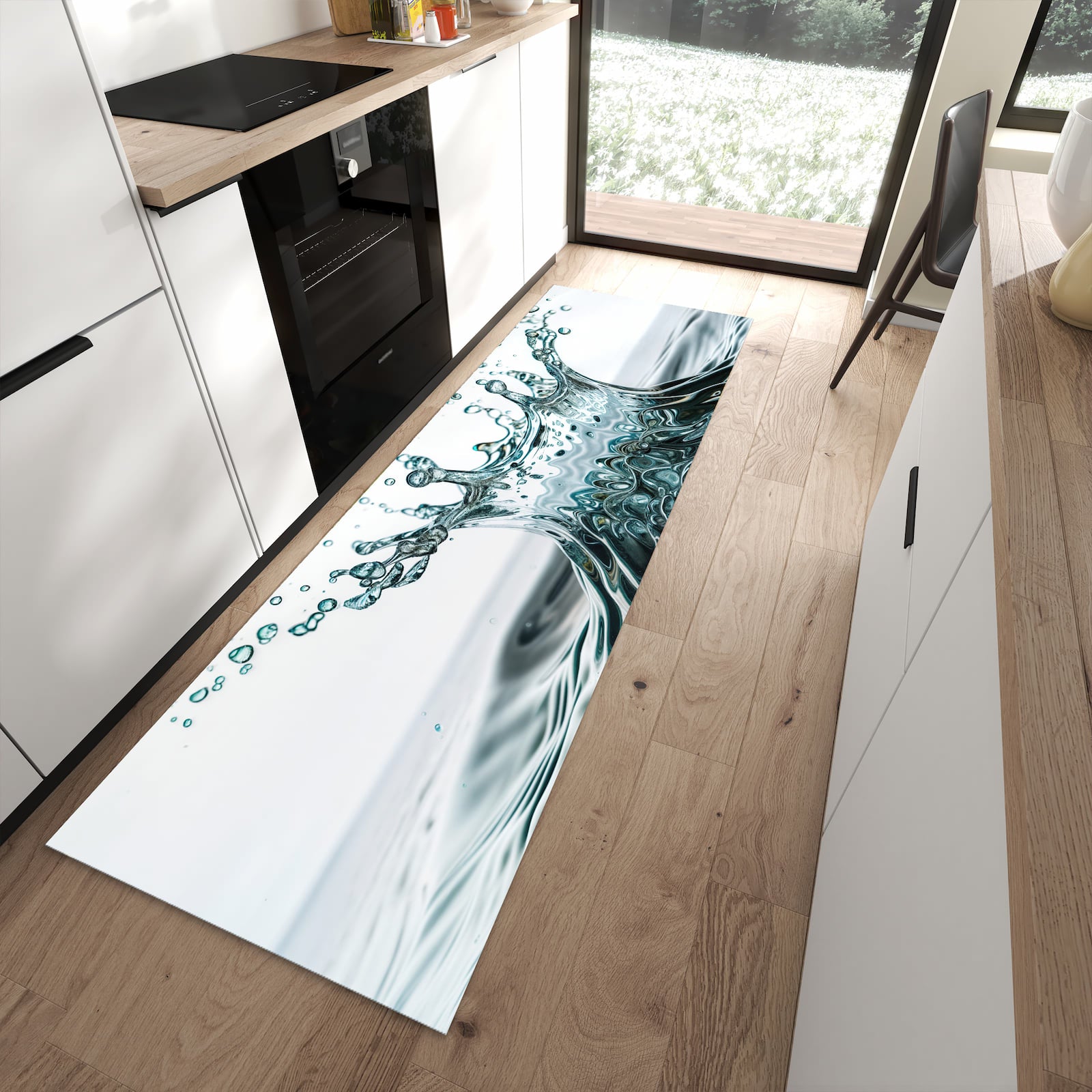 Komfortabler Küchenteppich mit Motiv Wassertropfen Splash in moderner Küche