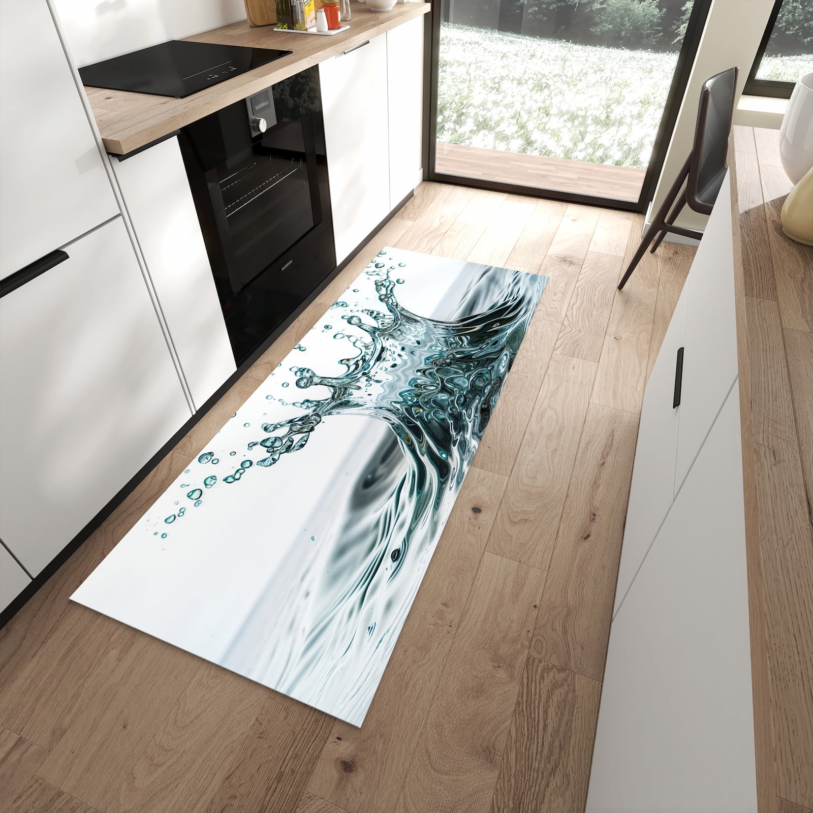 Pflegeleichter Küchenteppich mit Motiv Wassertropfen Splash in moderner Küche