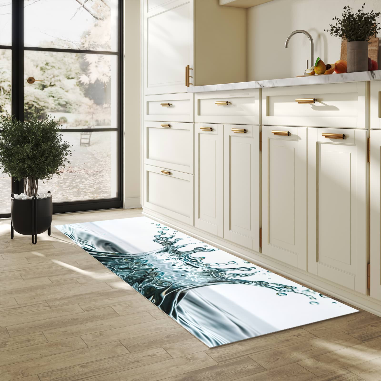 Strapazierfähiger Küchenteppich mit Motiv Wassertropfen Splash in heller Küche