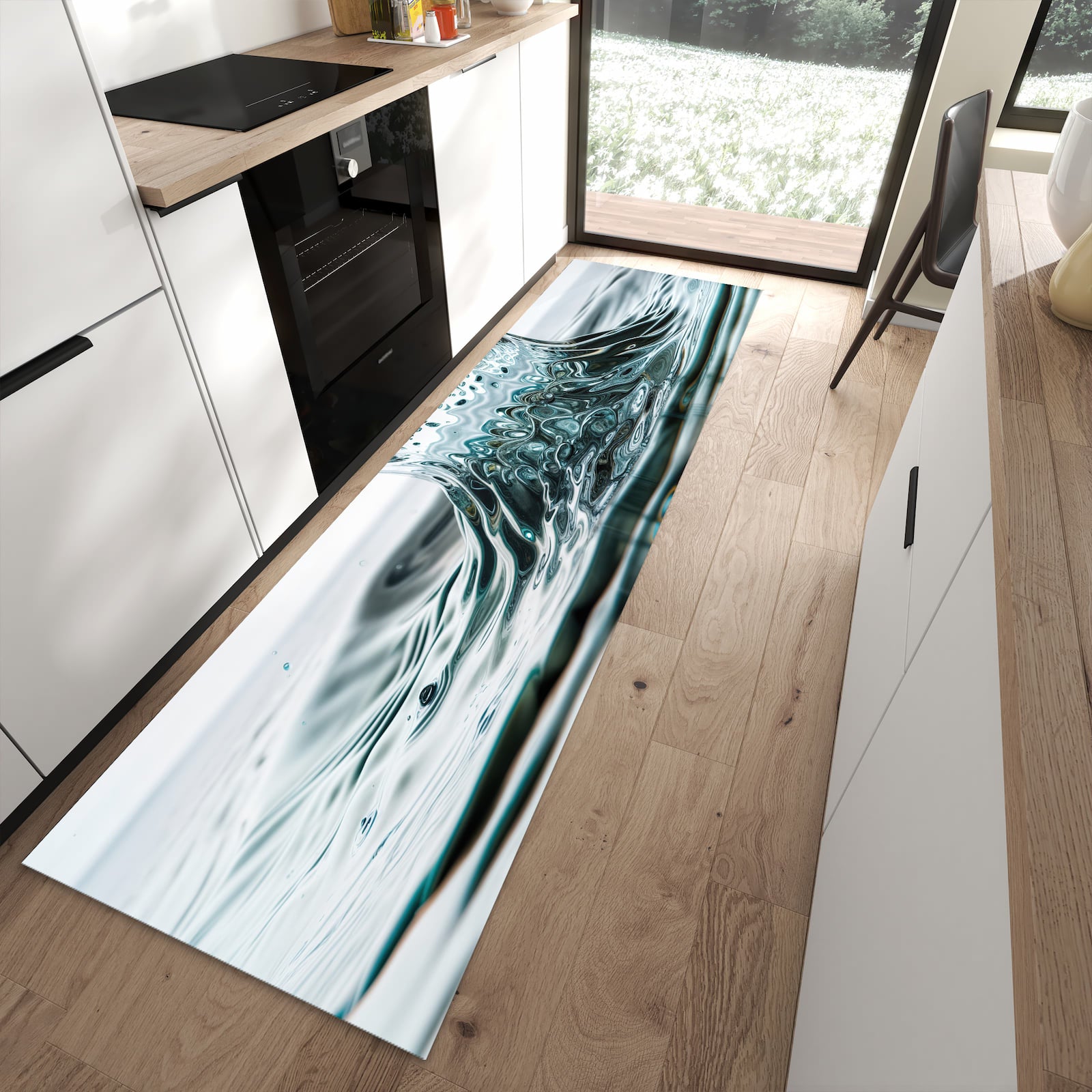 Rutschfester Küchenläufer mit Motiv Wassertropfen Splash in moderner Küche
