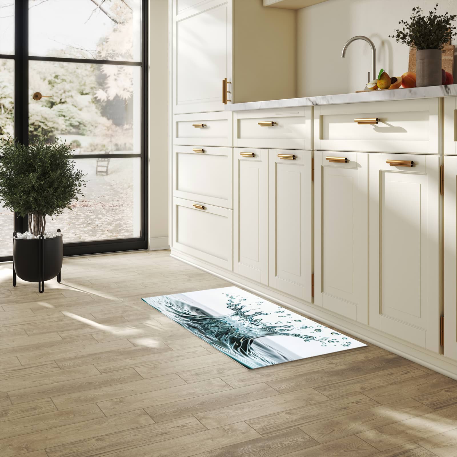 Langlebiger waschbarer Küchenläufer mit Motiv Wassertropfen Splash in heller Küche