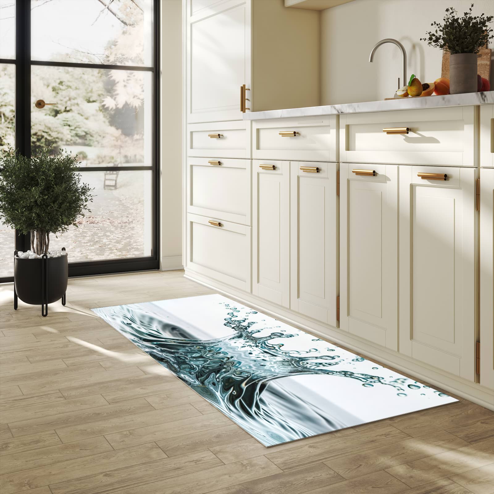 Hygienischer Küchenteppich mit Motiv Wassertropfen Splash in heller Küche - abwaschbar