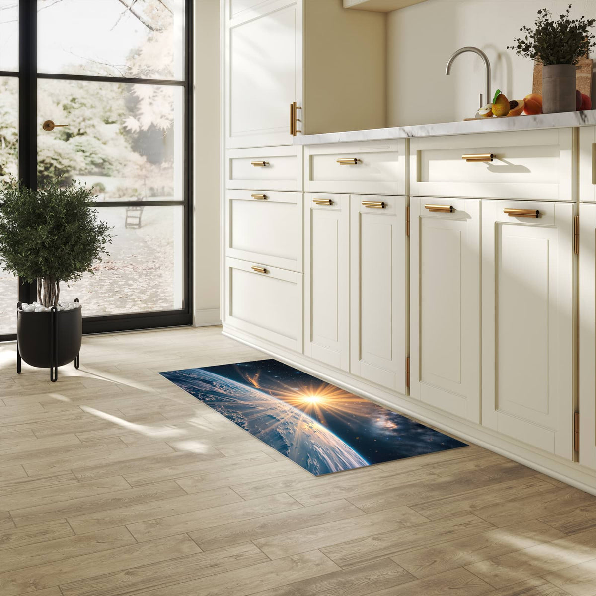 Farbbeständiger Küchenteppich mit Motiv Erde von Sonnenaufgang in heller Küche