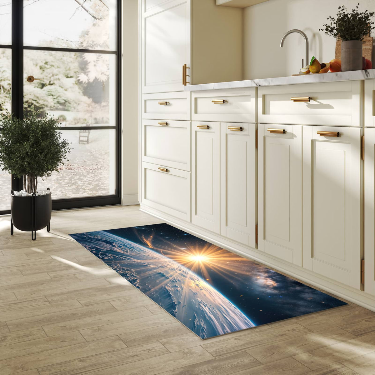 UV-beständiger Küchenläufer mit Motiv Erde von Sonnenaufgang in heller Küche