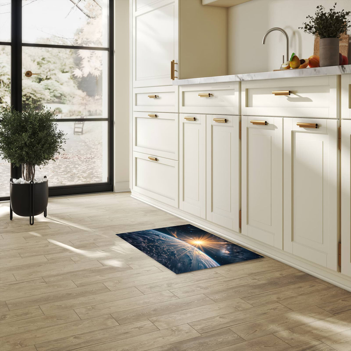 Abriebfester Küchenteppich mit Motiv Erde von Sonnenaufgang in heller Küche