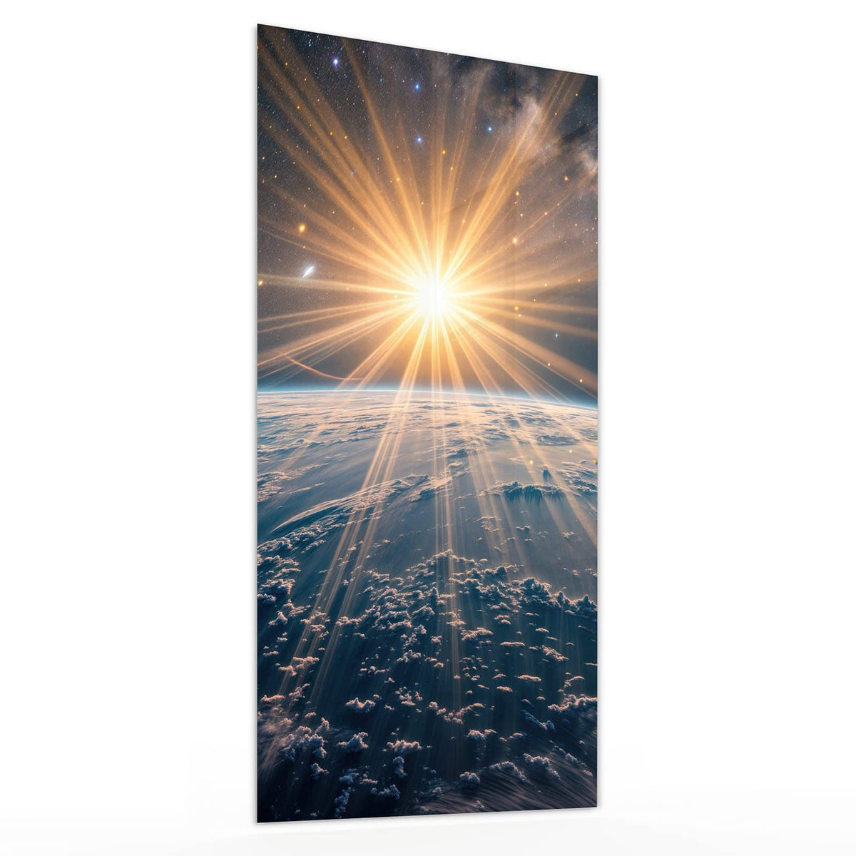 Glasbild Sonne über blauer Erde von der Seite, 4 mm Echtglas