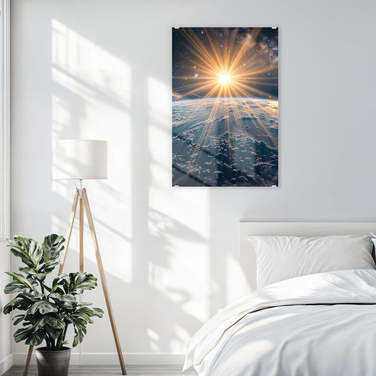 Glasbild Sonne über blauer Erde an der Wand – Strahlende Sonne als Stern über blauem Erdhorizont, Milchstraße im Hintergrund