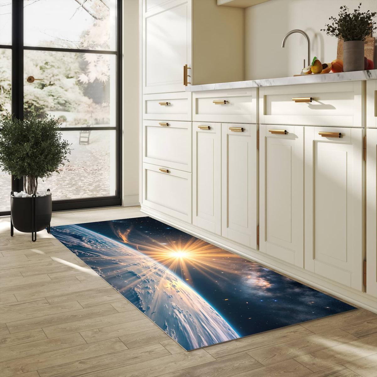 Geruchsneutraler rutschfester Küchenläufer mit Motiv Erde von Sonnenaufgang in heller Küche