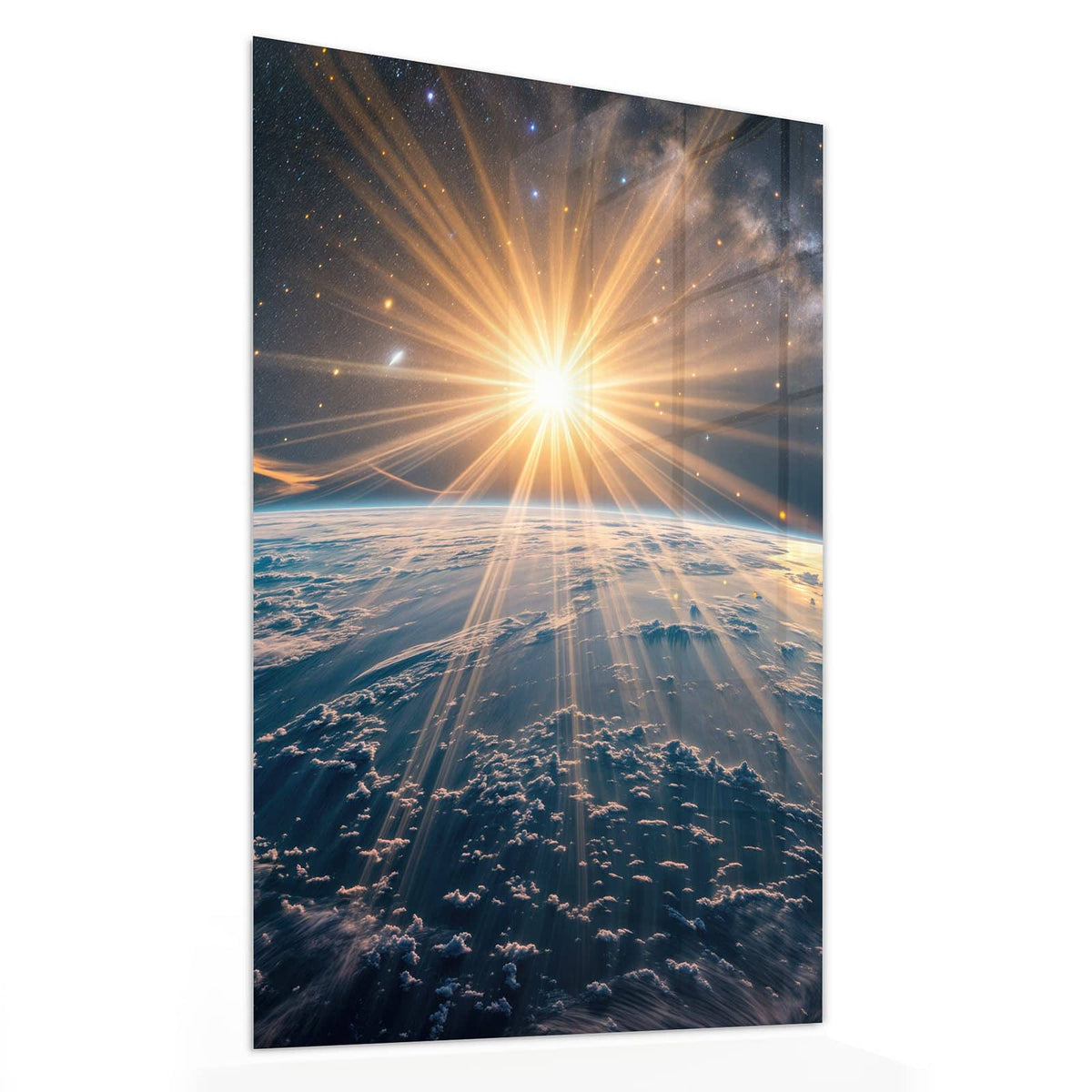 Glasbild Sonne über blauer Erde von der Seite, 4 mm Echtglas