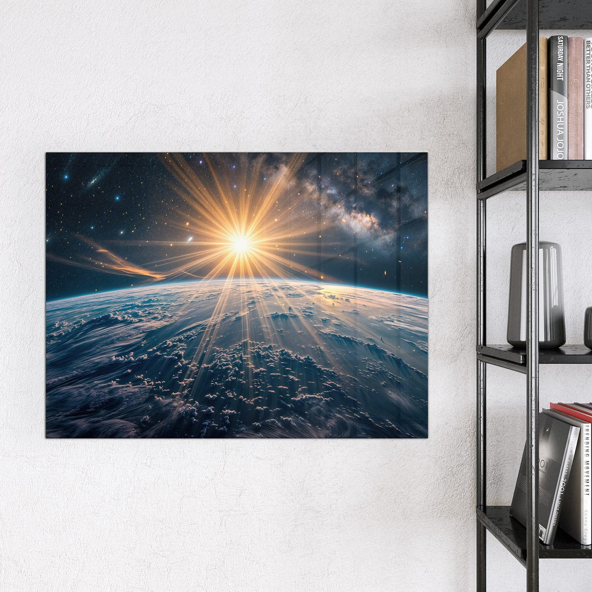 Glas Magnettafel - Sonne über blauer Erde – Sonne und Milchstraße über der Erde