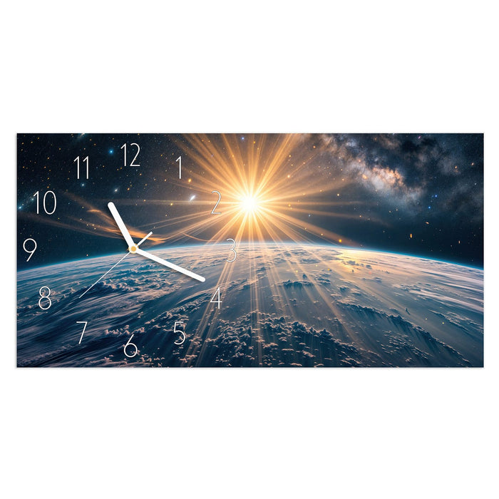 Wanduhr Sonnenaufgang über Erde aus Glas – Querformat 60 × 30 cm mit Ziffernblatt Elegant