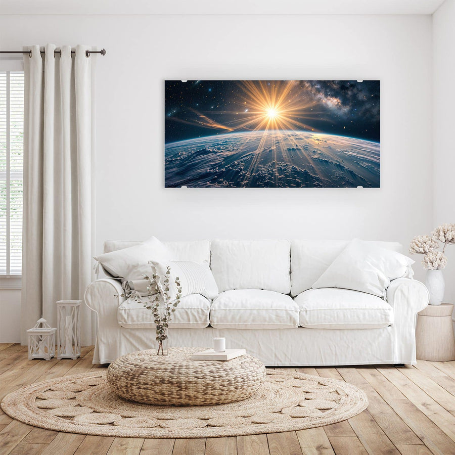 Maße Wandbild - Sonne über blauer Erde - Querformat