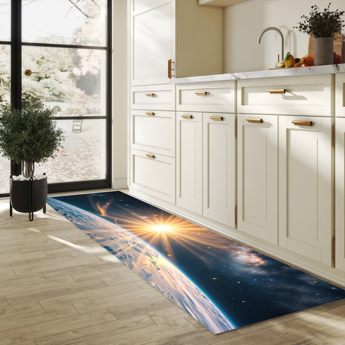 Fleckenresistenter Küchenläufer mit Motiv Erde von Sonnenaufgang in heller Küche