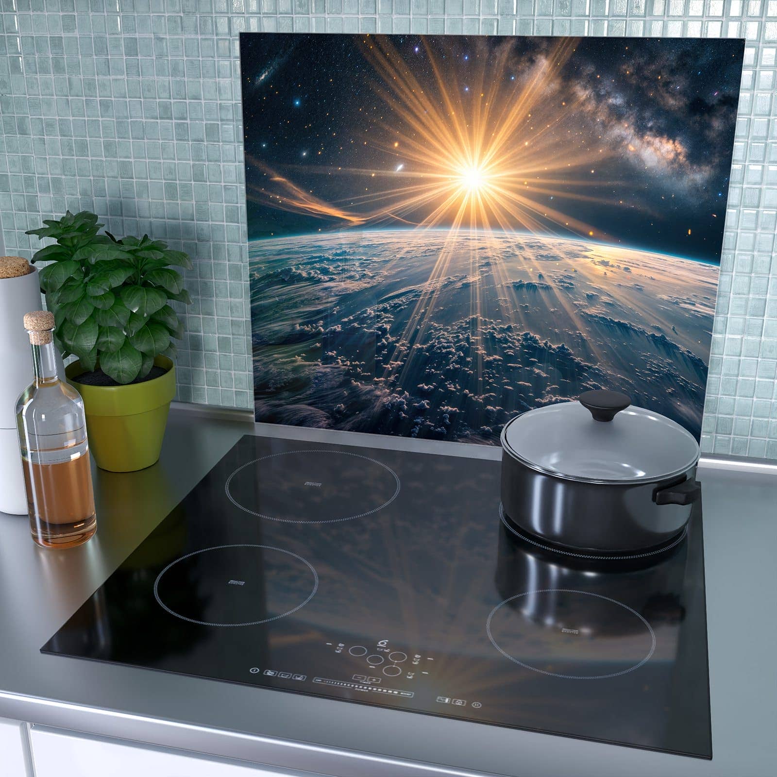 1-teilige Ceranfeld Abdeckplatten mit Sonnenaufgang über Erde-Motiv als Spritzschutz hinter dem Kochfeld
