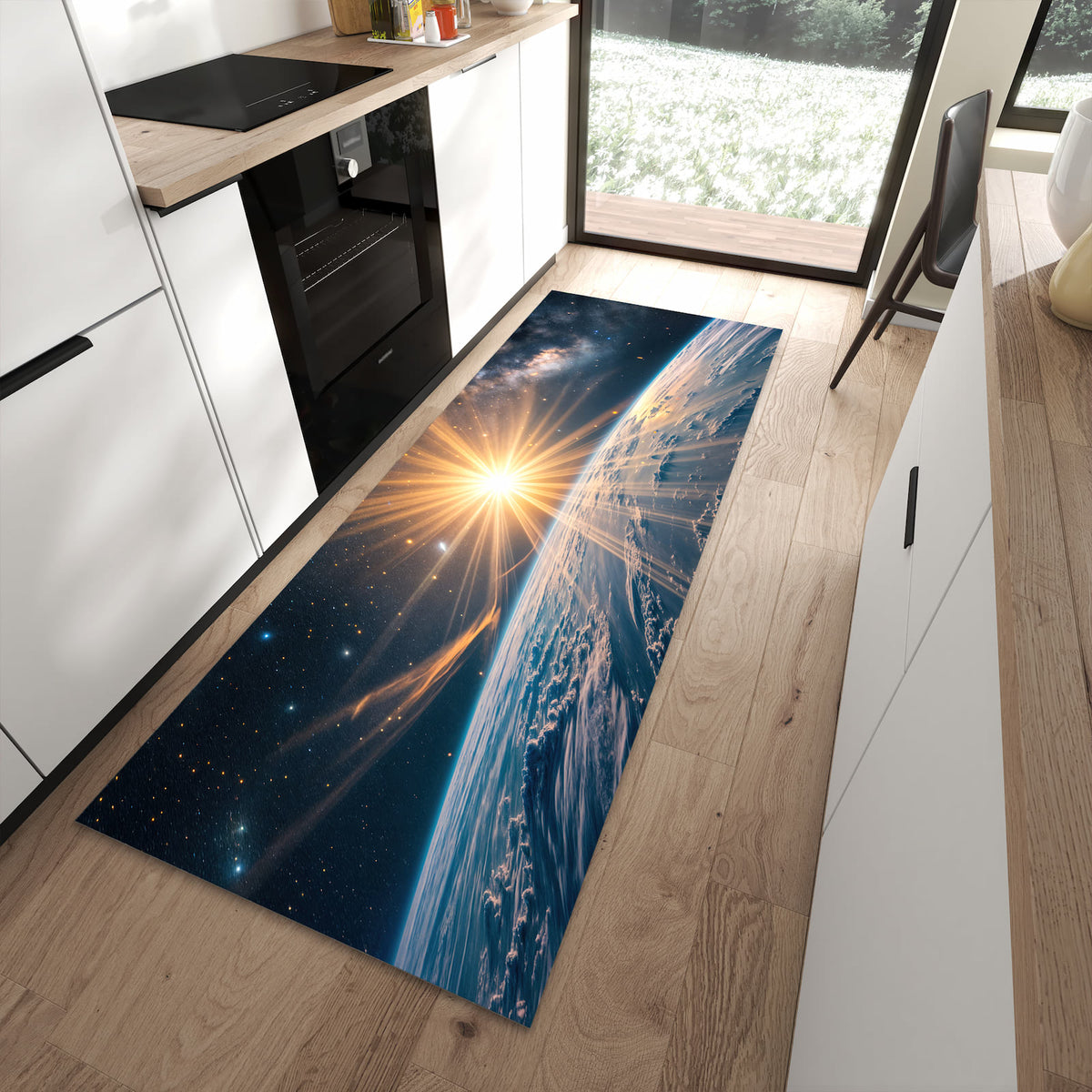 UV-beständiger abwaschbarer Küchenläufer mit Motiv Erde von Sonnenaufgang in moderner Küche