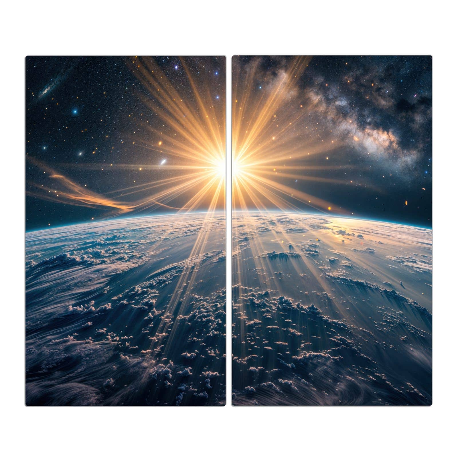 2-teilige Herdabdeckplatte mit Sonnenaufgang über Erde-Motiv in der Frontansicht #grösse_2-Teilig (60x52cm)