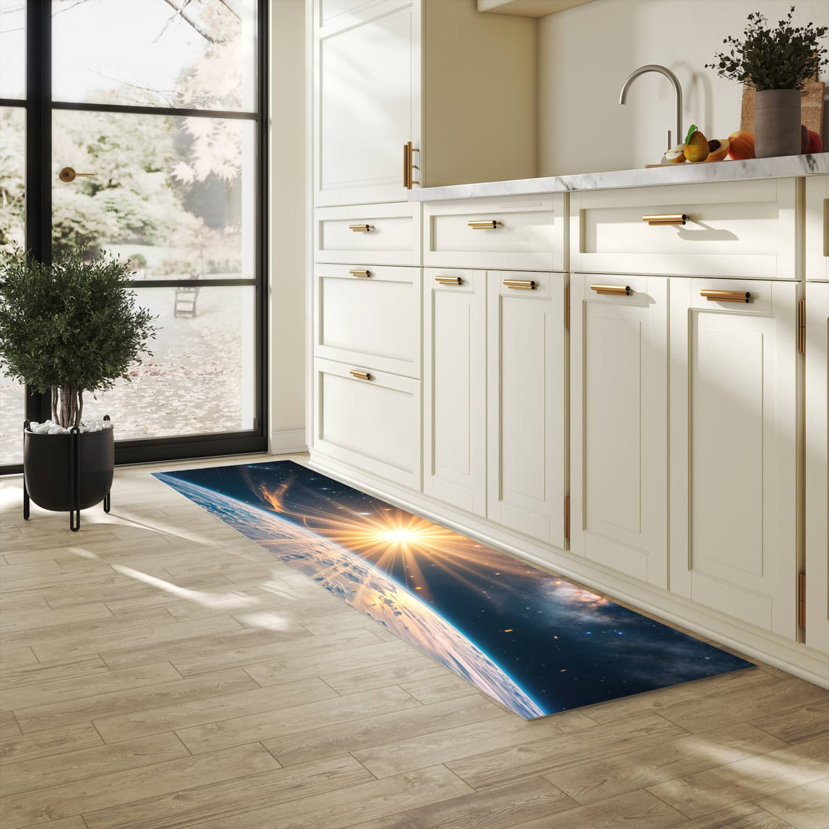 Zeitsparender großer Küchenteppich mit Motiv Erde von Sonnenaufgang in heller Küche