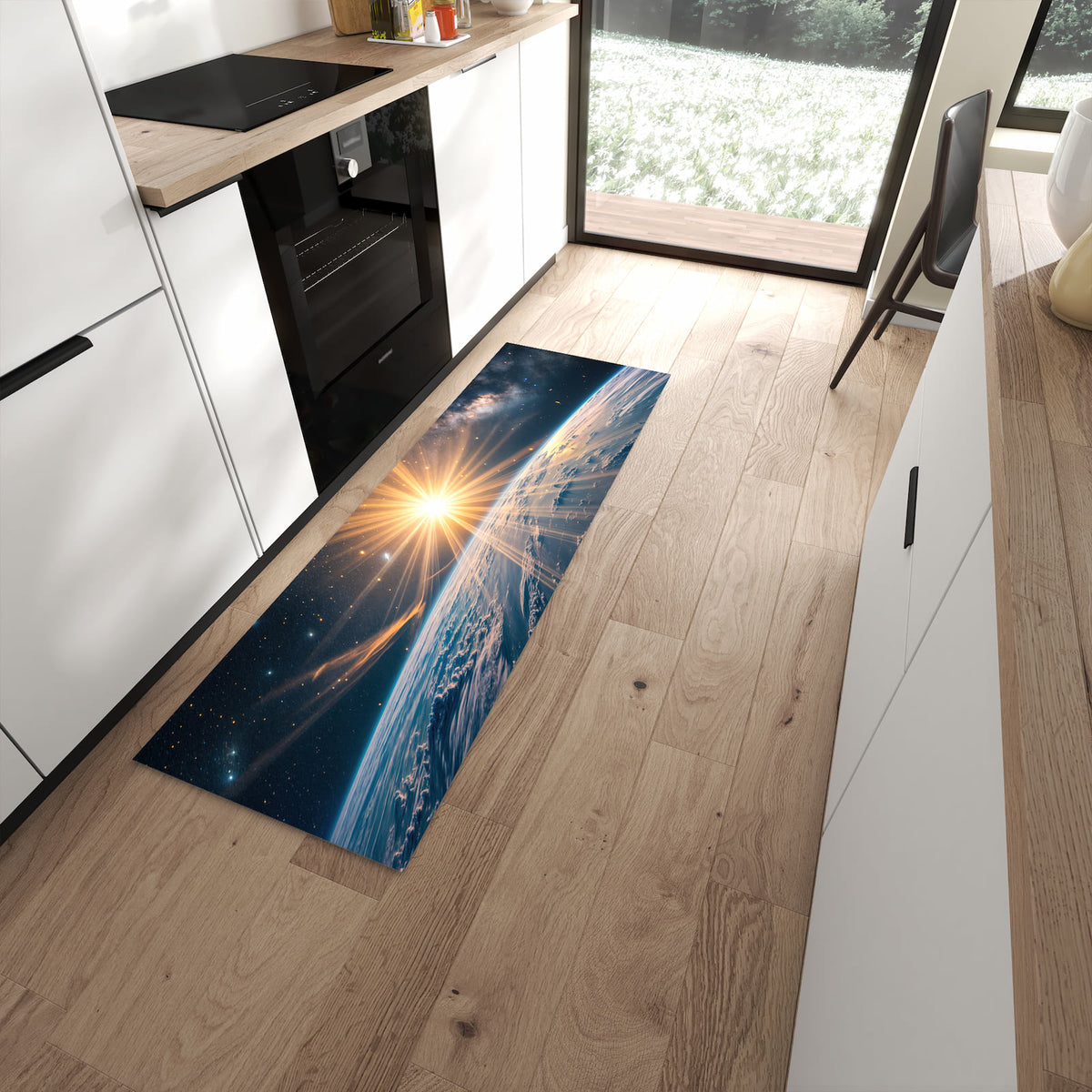 Feuchtigkeitsresistenter Küchenläufer mit Motiv Erde von Sonnenaufgang in moderner Küche