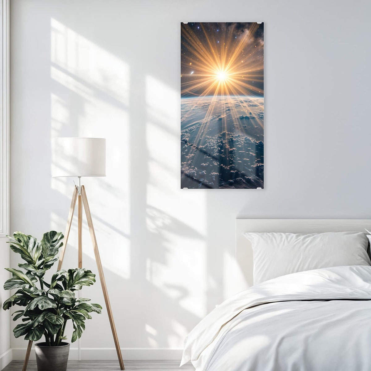 Glasbild Sonne über blauer Erde an der Wand – Strahlende Sonne als Stern über blauem Erdhorizont, Milchstraße im Hintergrund