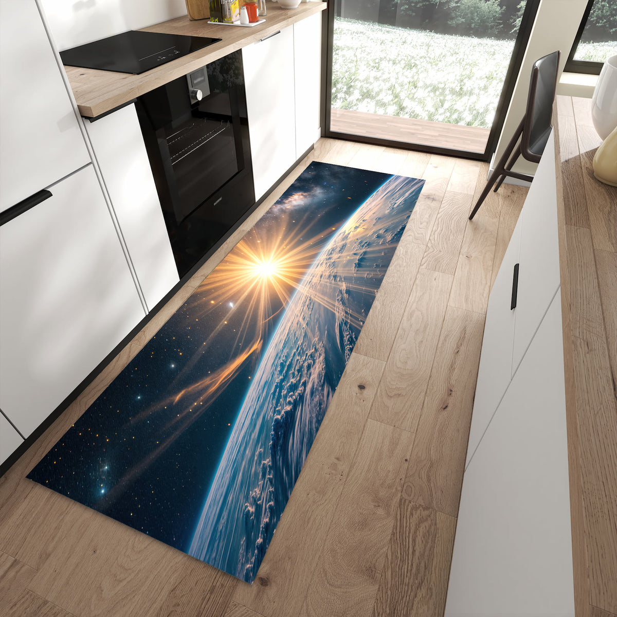 Sicherer Küchenläufer mit Motiv Erde von Sonnenaufgang in moderner Küche