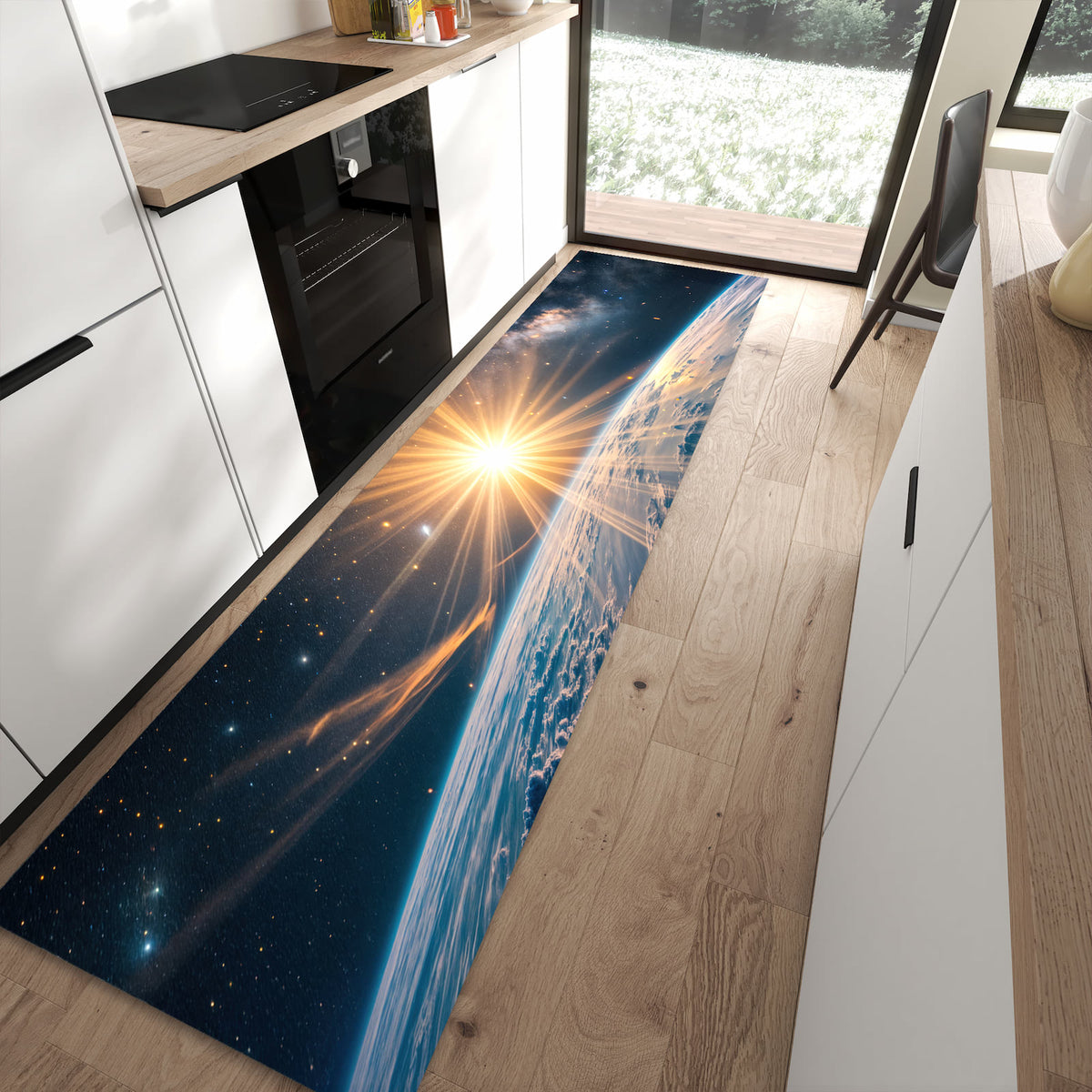 Geräuschdämpfender waschbarer Küchenläufer mit Motiv Erde von Sonnenaufgang in moderner Küche