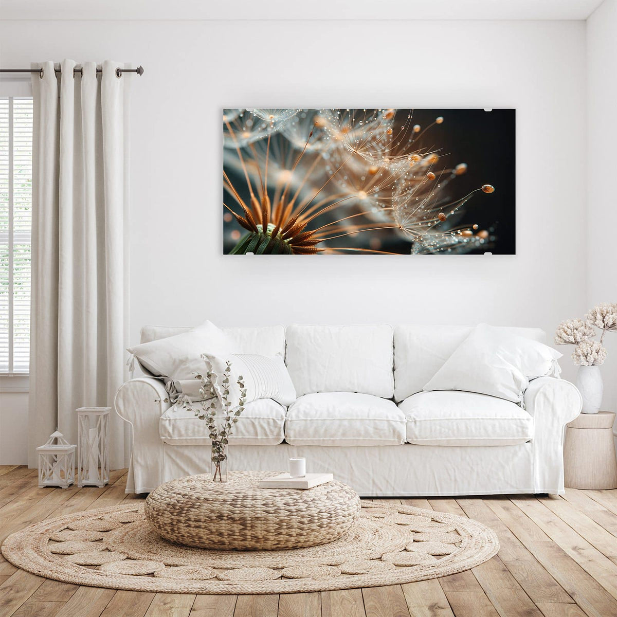 Wandbild - Pusteblumenperlen - Querformat – Pusteblumensamen mit feinen Tautropfen