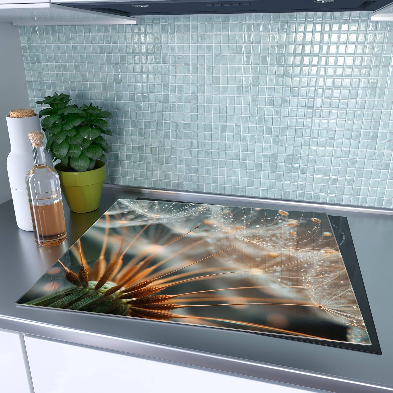 1-teilige Herdabdeckplatten aus Glas mit Pusteblumenperlen-Motiv auf dem Ceranfeld