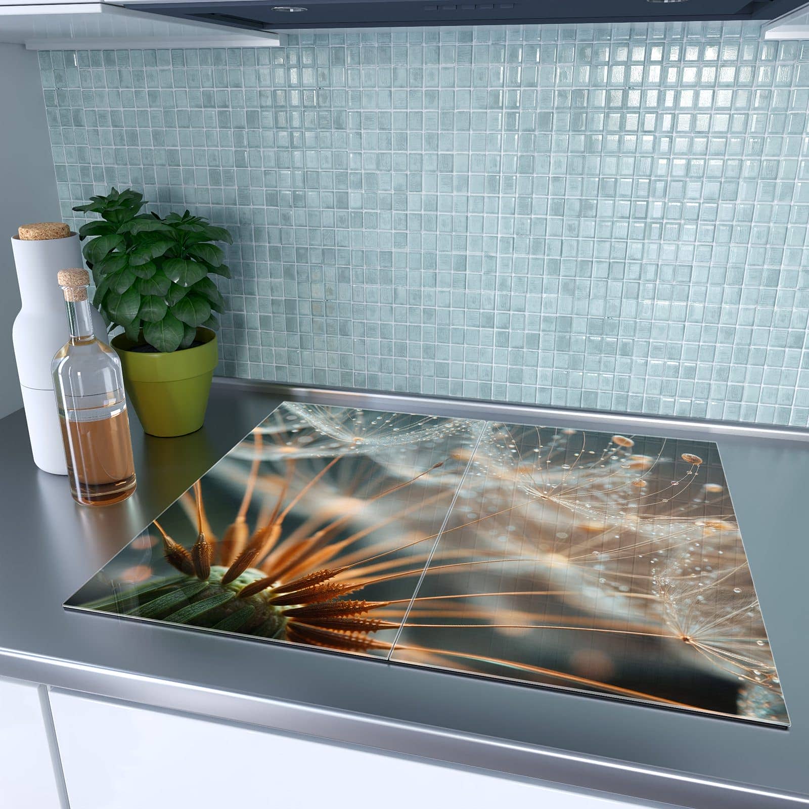 2-teilige Herdabdeckung für Induktionsfeld mit Pusteblumenperlen-Motiv auf dem Ceranfeld