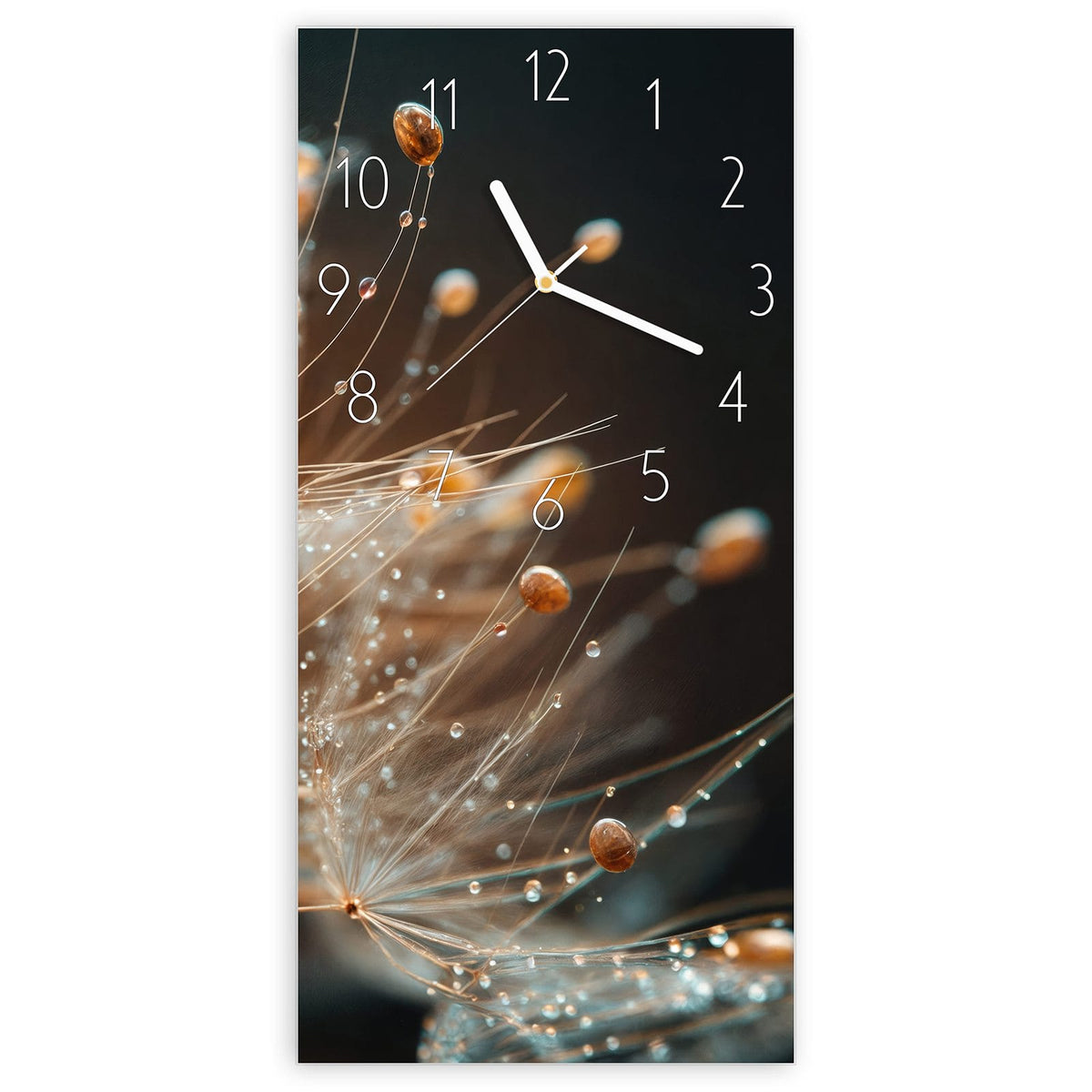 Wanduhr aus Glas, Ziffernblatt Elegant: Makro von Pusteblumensamen, an den feinen Schirmen hängen Tautropfen wie Perlen #ziffernblatt_Elegant