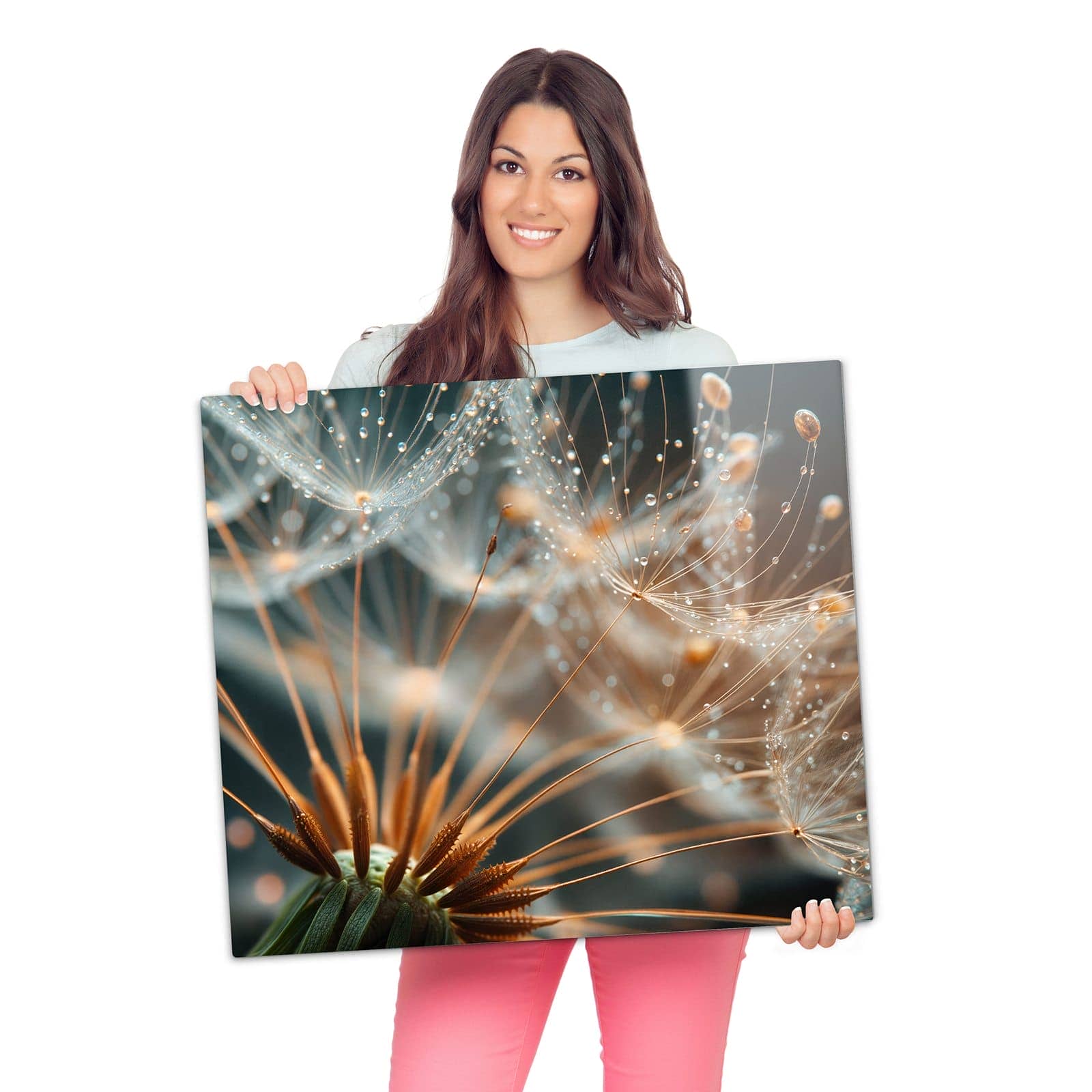 Glasplatte für Herd mit Pusteblumenperlen-Motiv wird zur Größendarstellung gehalten