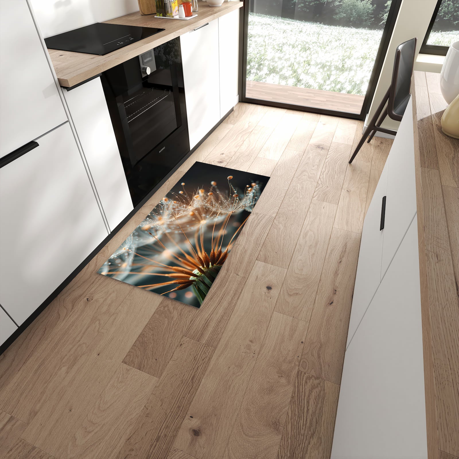 Fleckenresistenter rutschfester Küchenteppich mit Motiv Pusteblumenperlen in moderner Küche #grösse_60 x 120 cm