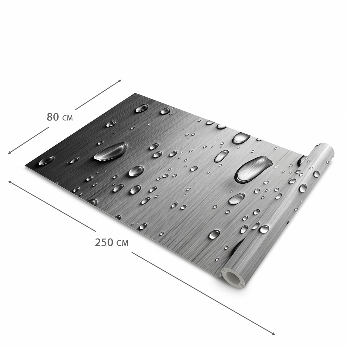 Bodenschonender abwaschbarer Küchenteppich mit Motiv Wassertropfen auf Metall in der Grösse 60x180 cm