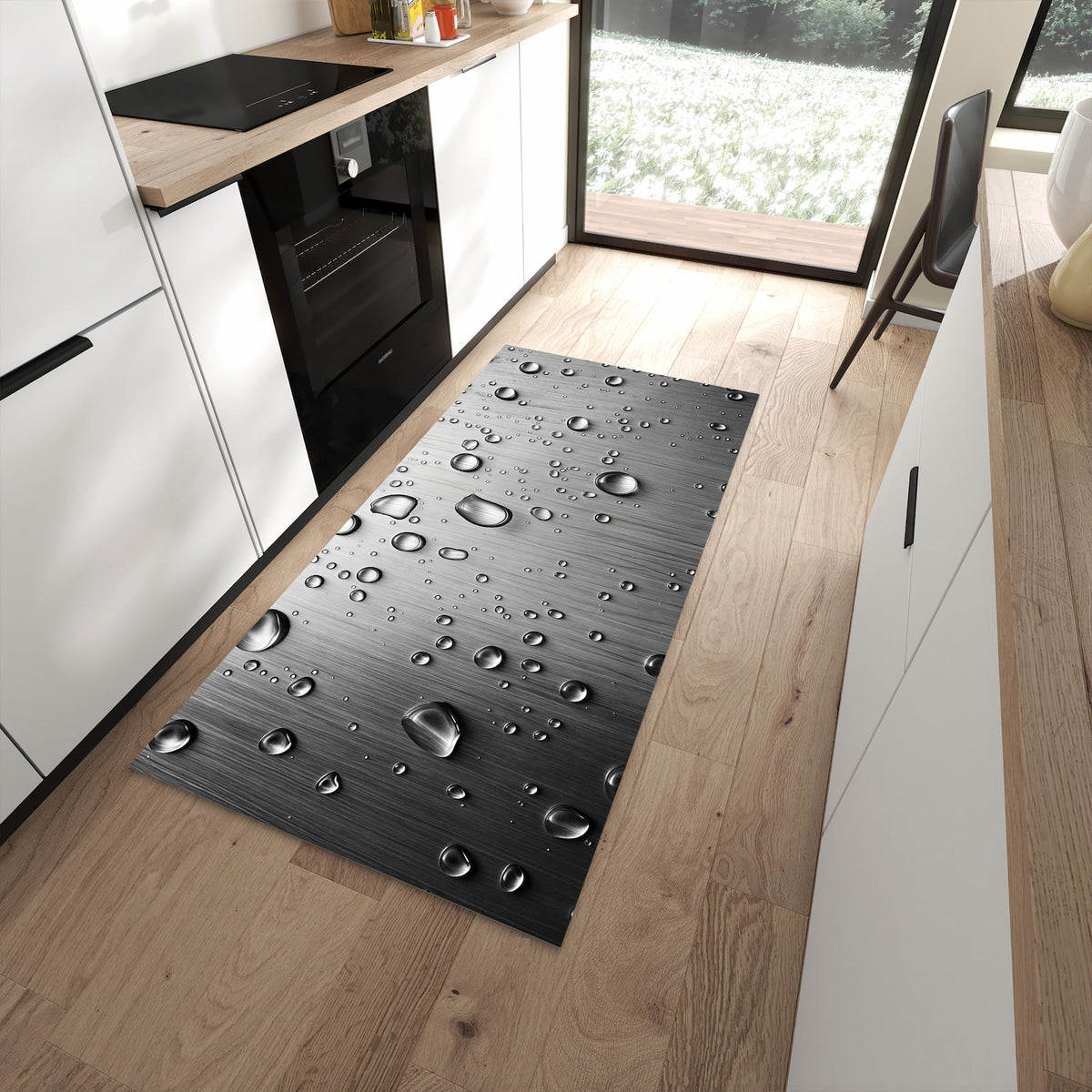 Küchenteppich mit Motiv Wassertropfen auf Metall für Trittkomfort in moderner Küche, waschbar
