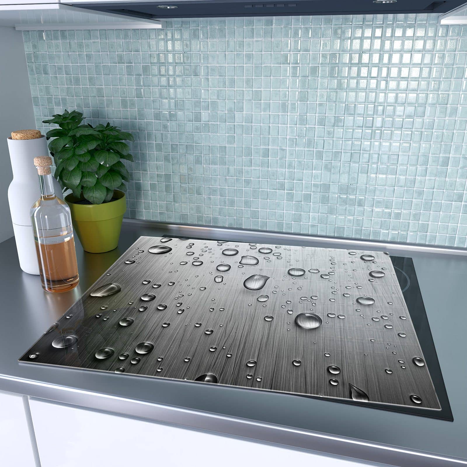 1-teilige Herdabdeckplatte aus Glas mit Wassertropfen auf Metall-Motiv auf dem Ceranfeld