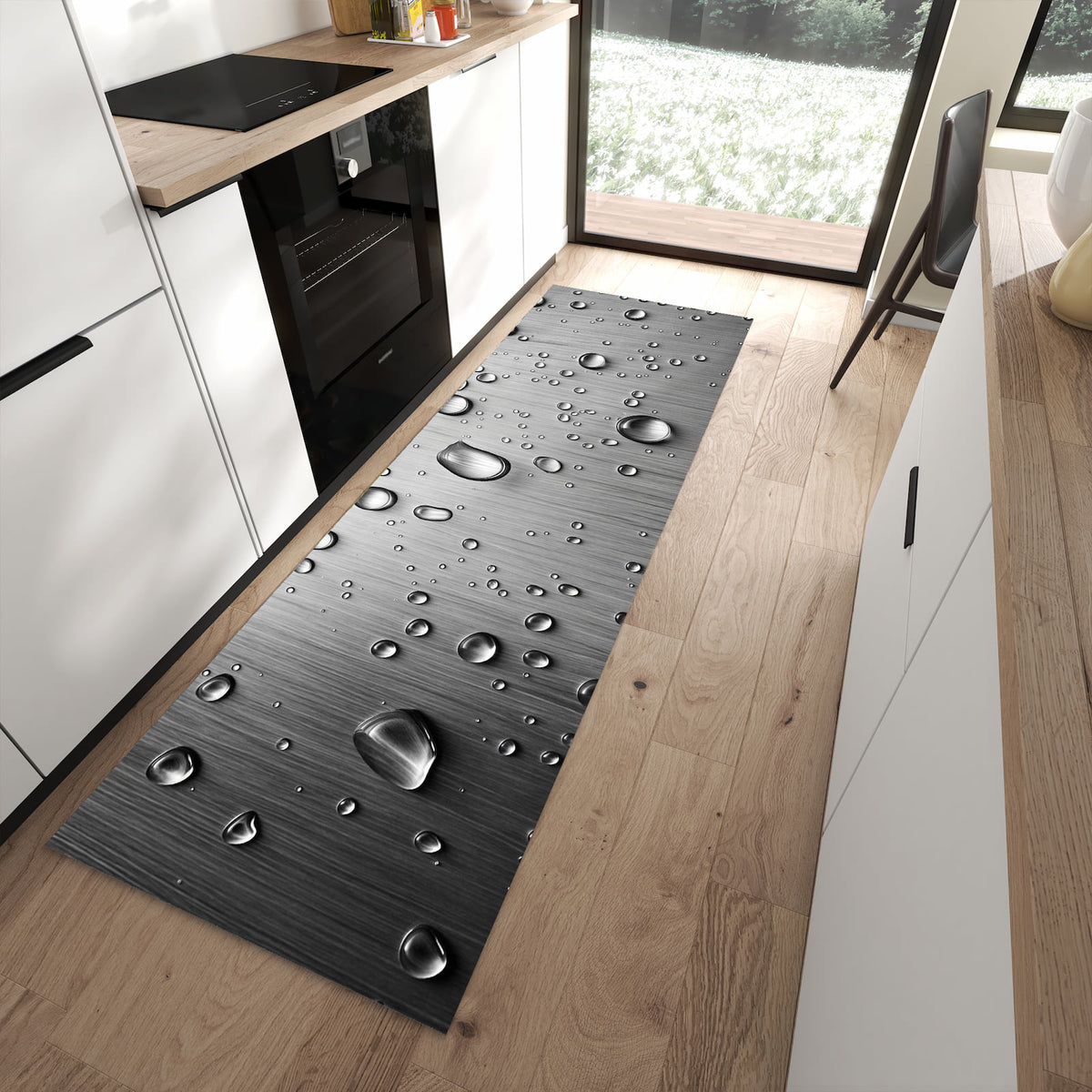 Geräuschdämpfender dünner Teppich mit Motiv Wassertropfen auf Metall in moderner Küche