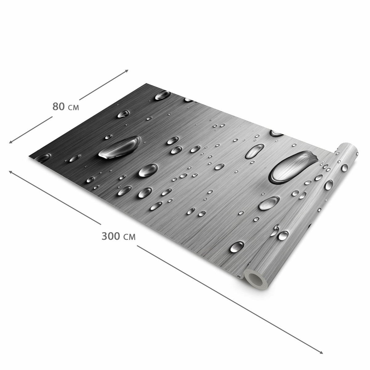 Formstabiler Küchenteppich mit Motiv Wassertropfen auf Metall in der Grösse 60x180 cm