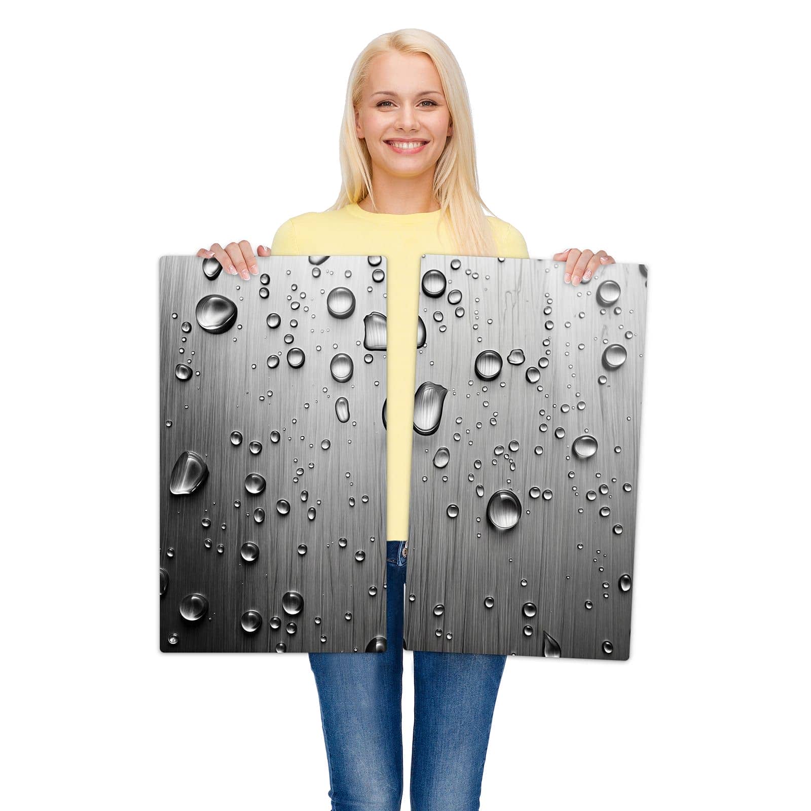 2-teilige Ceranfeld Abdeckungen mit Wassertropfen auf Metall-Motiv wird zur Größendarstellung gehalten