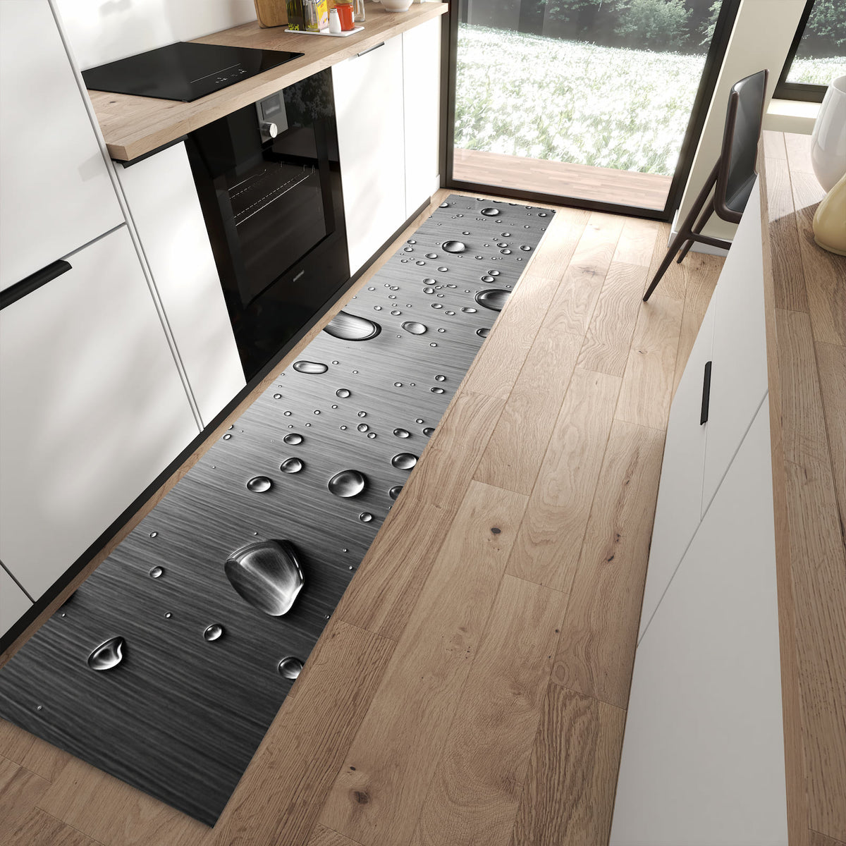 Formstabiler langer Teppich mit Motiv Wassertropfen auf Metall in moderner Küche