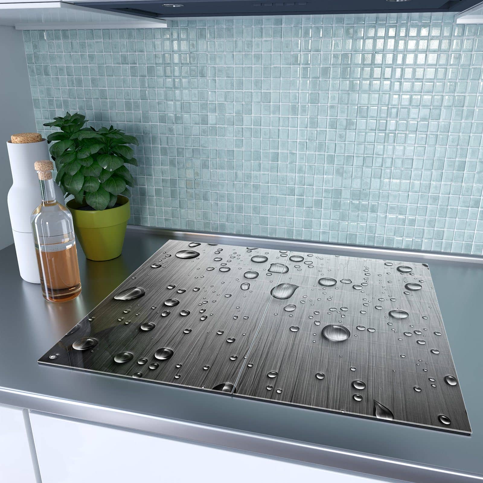 2-teilige Herd Schutzplatte mit Wassertropfen auf Metall-Motiv auf dem Ceranfeld