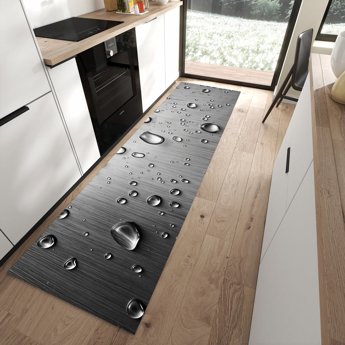 Abriebfester Küchenteppich mit Motiv Wassertropfen auf Metall in moderner Küche